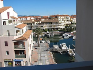 A marina with boats docked, a palm tree, and buildings with balconies.