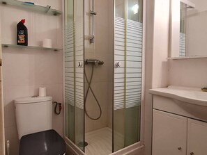 A bathroom with a glass-enclosed shower, a toilet, a sink, and a mirror.