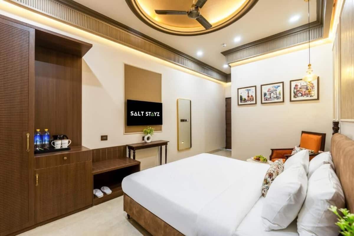 Habitación de hotel con cama, televisión, armario y una mesita con una planta.