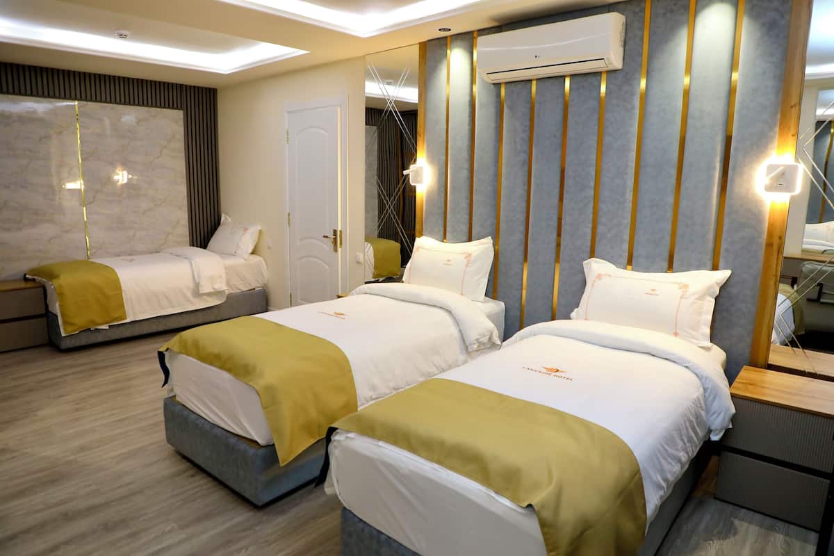 Habitación de hotel con dos camas, un espejo grande y un equipo de aire acondicionado en la pared.