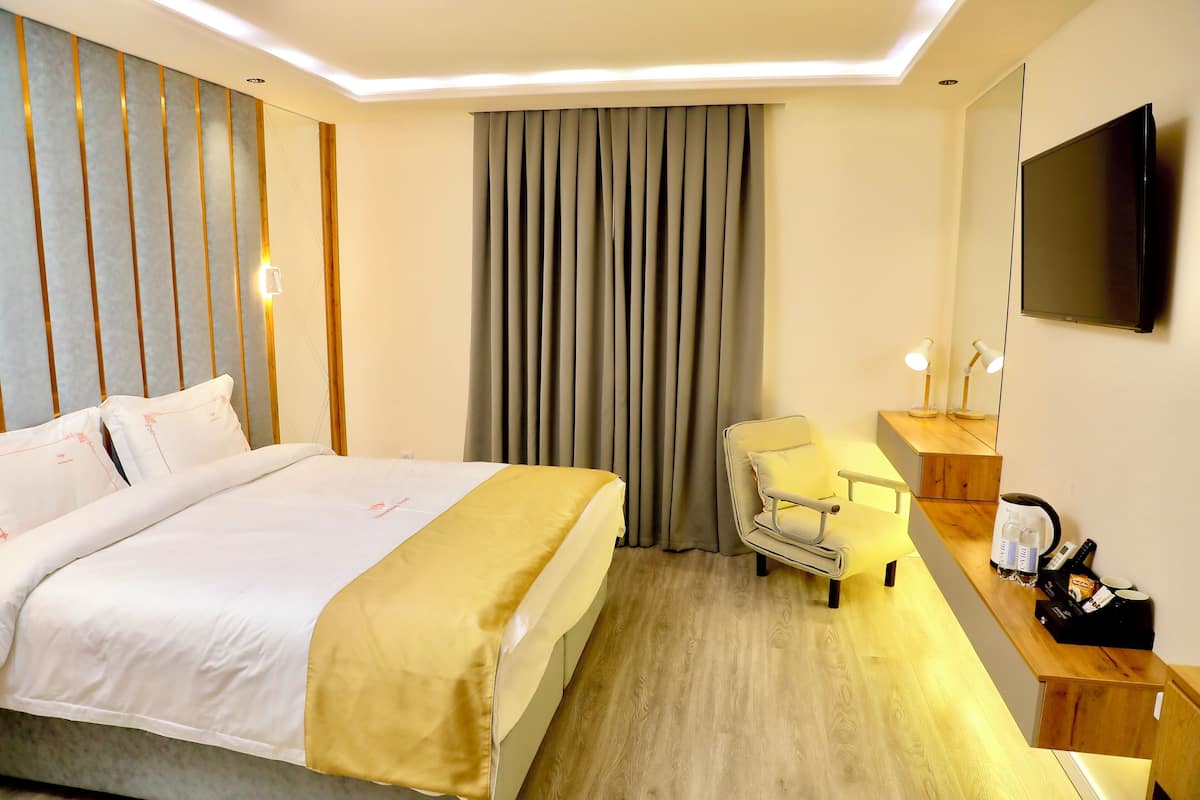 Habitación de hotel con cama, escritorio con cafetera, silla, espejo y televisor.