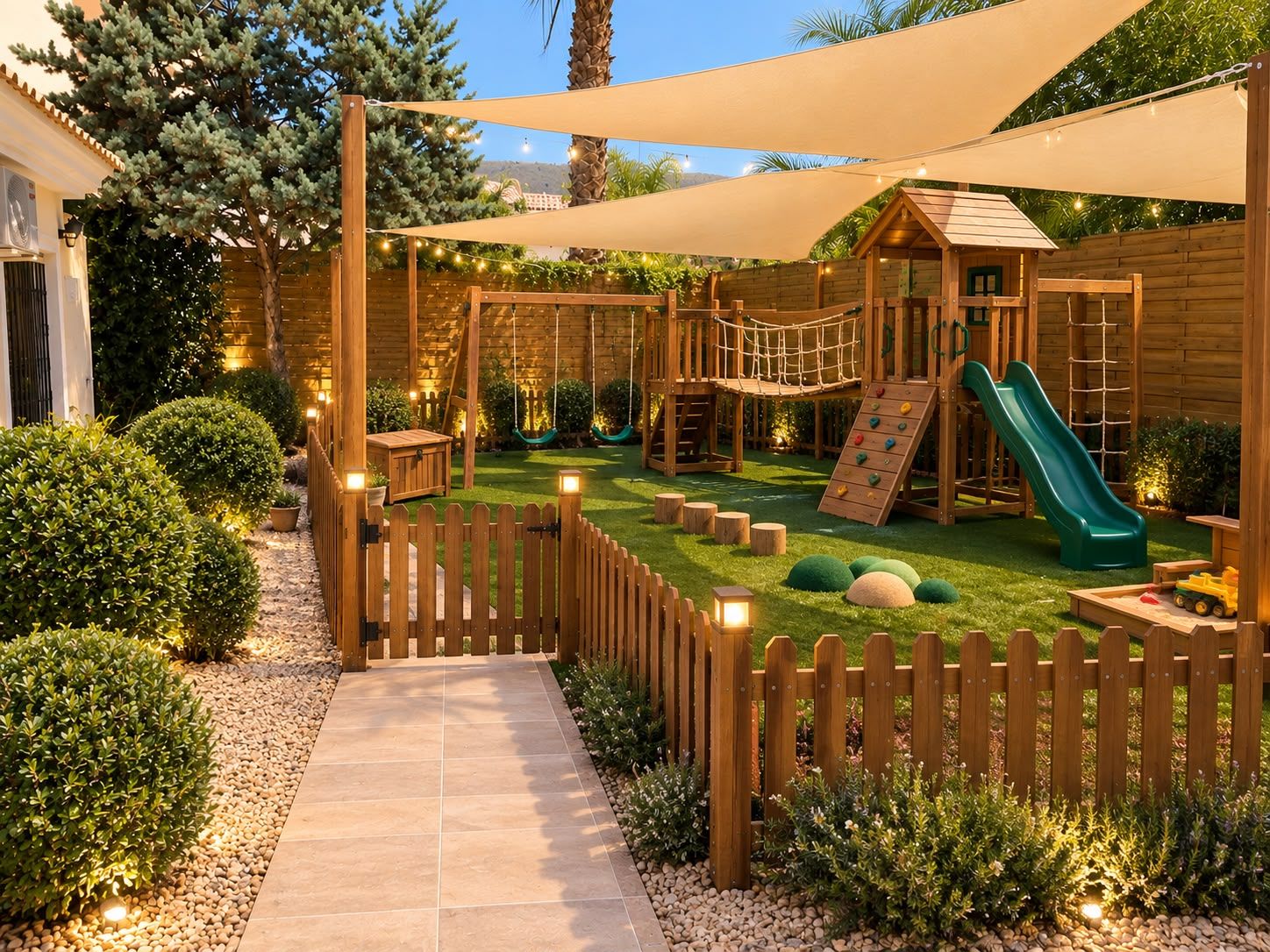 A wooden play structure with a slide and climbing wall in a backyard.