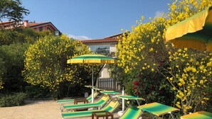 A poolside area with lounge chairs and umbrellas, surrounded by flowering bushes and trees. - Villa Bobolino, your Tuscan vacation with private pool (18 people) (Montelupo Fiorentino)