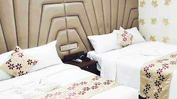 Desk, laptop workspace, free WiFi, bed sheets