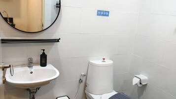 Shower, hair dryer, bidet, towels