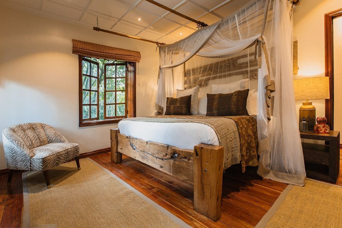 A bedroom with a wooden bed, a chair, a nightstand, a lamp, and a window with a view of greenery.
