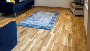 A modern living room with a dark blue sofa, a blue rug, wooden flooring, a TV stand, and geometric wall decor.