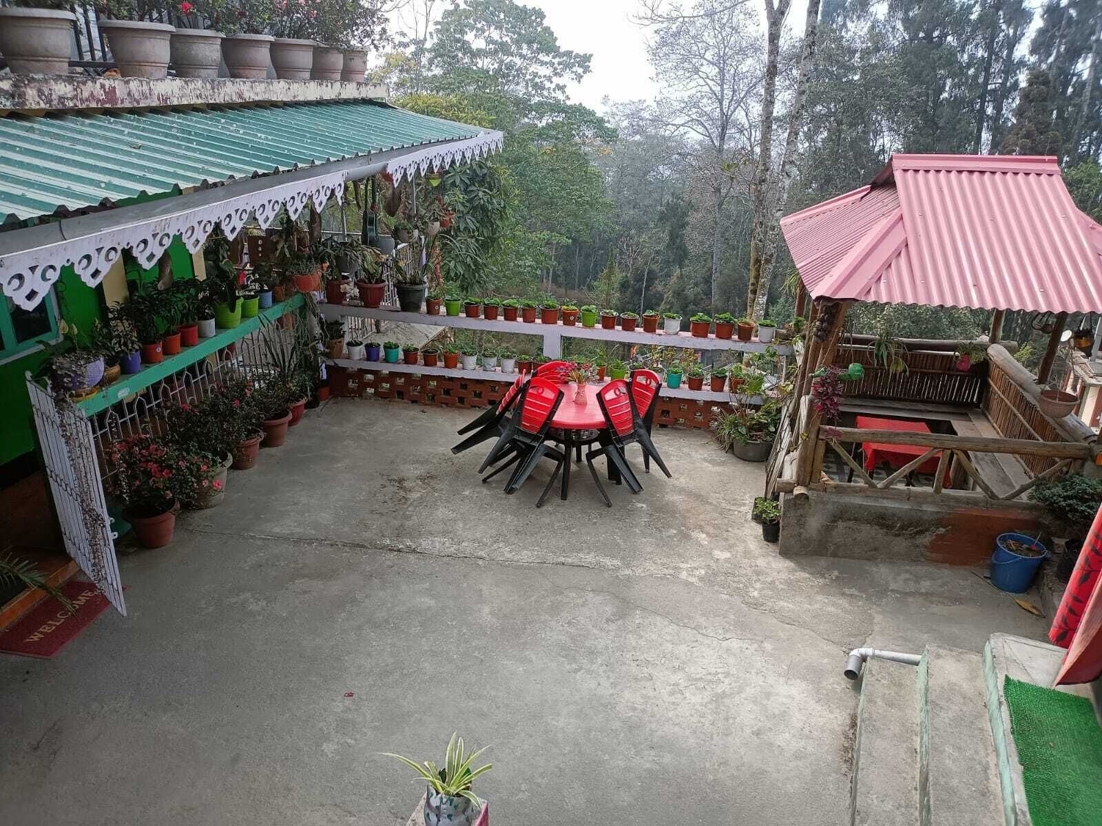 Un patio con mesa y sillas, rodeado de plantas en macetas y una pequeña construcción de madera con techo rojo.