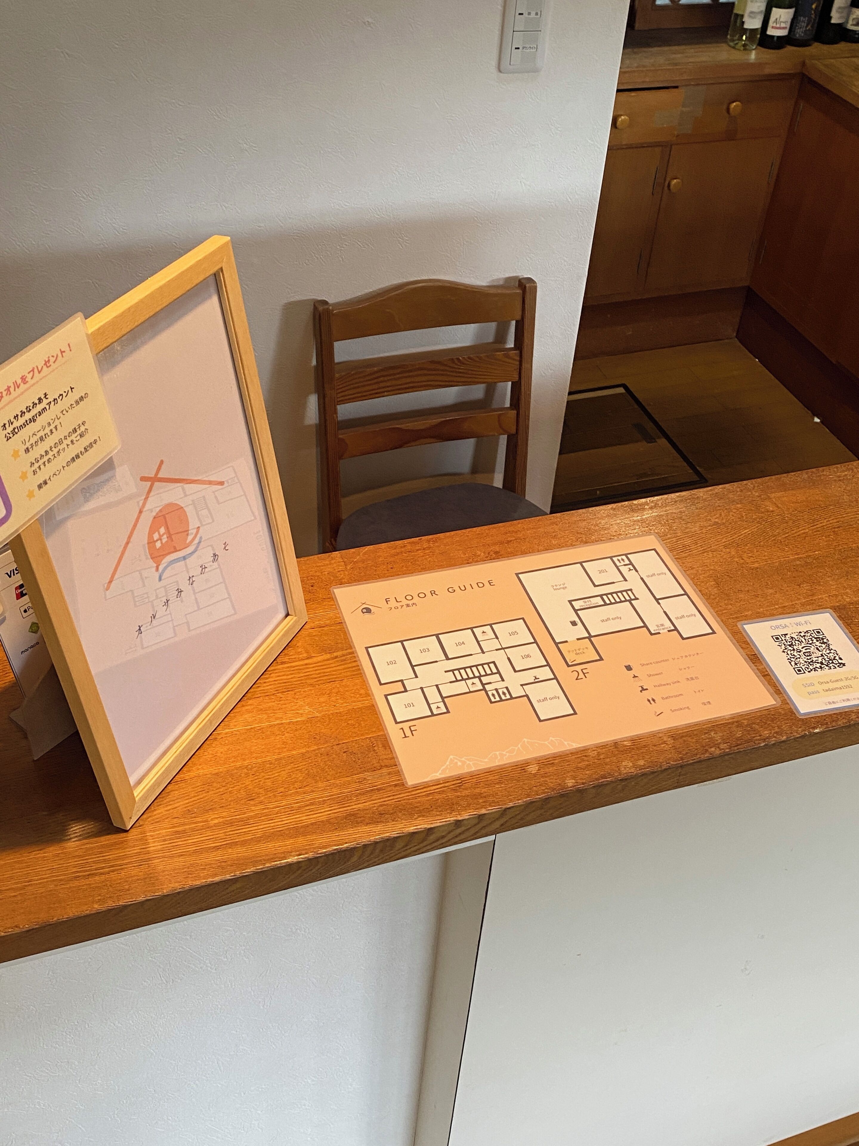 Een ingelijste plattegrond op een houten toonbank, met een QR-code en een bord met Japanse tekst.