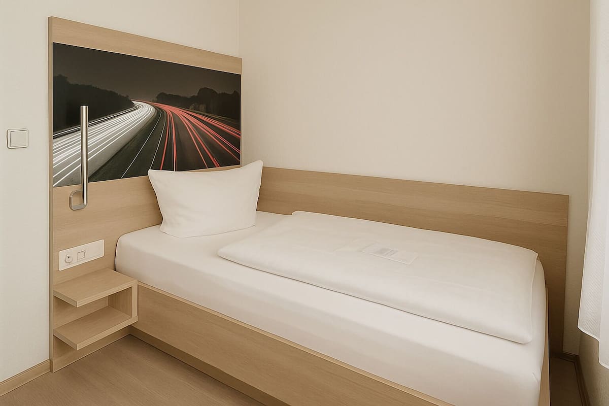 Ein modernes Hotelzimmer mit einem Einzelbett, einem Nachttisch, einer Steckdose und einem an der Wand befestigten Fernseher, der eine nächtliche Stadtansicht zeigt.