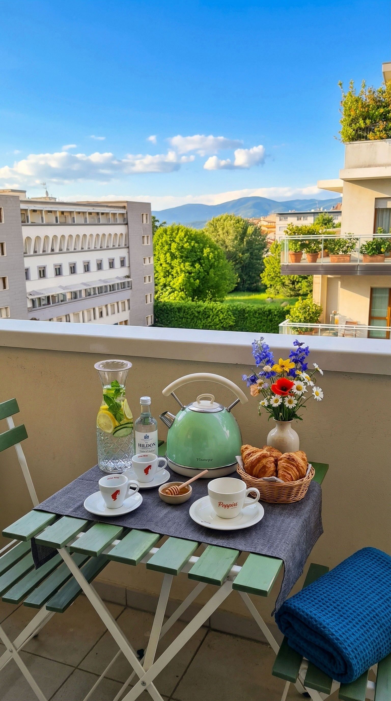 Un balcon avec une table préparée pour le petit-déjeuner, comprenant une théière, des tasses, une bouteille et un panier de croissants.