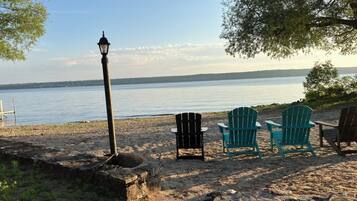 On the beach, sun loungers