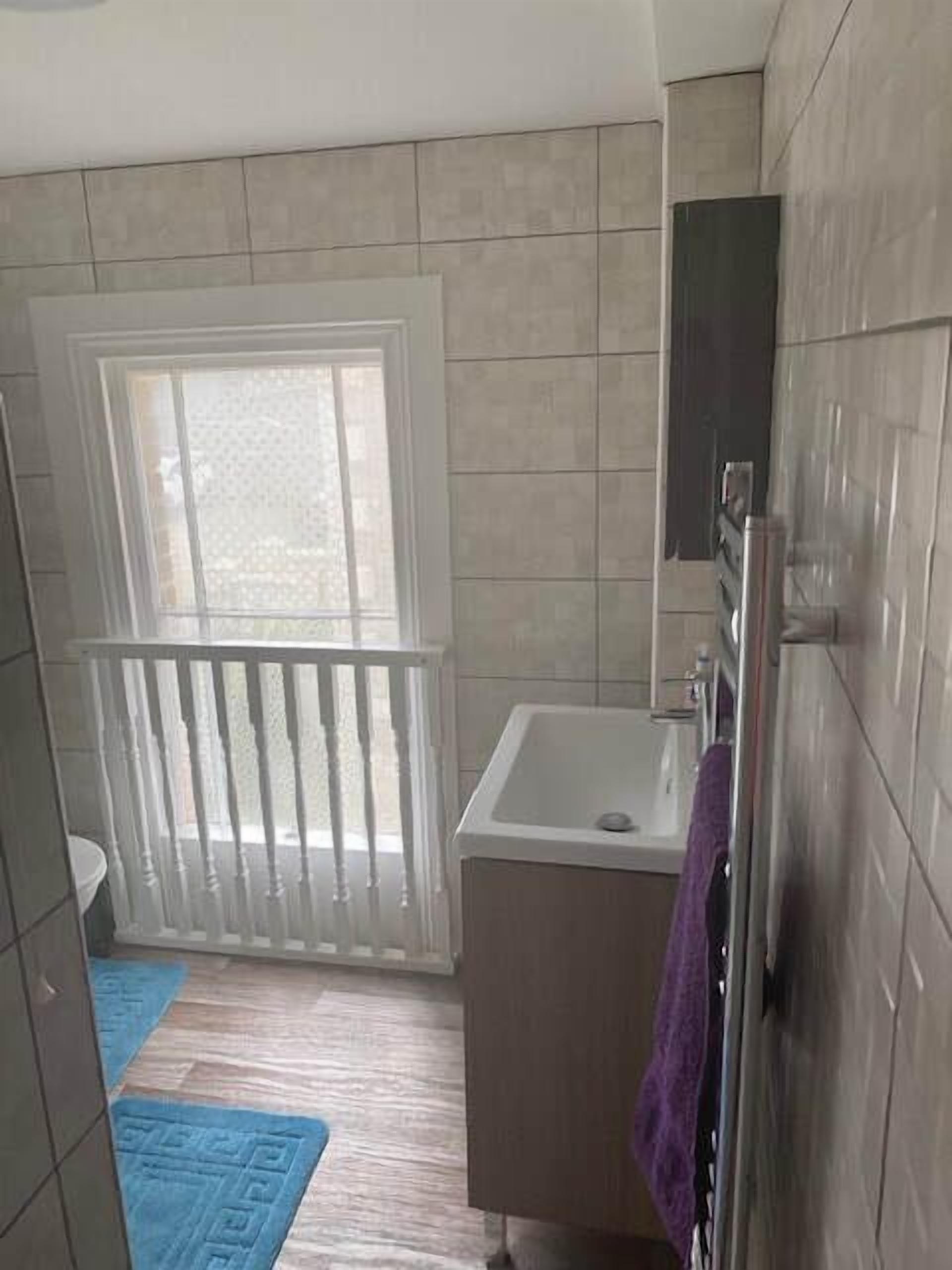 A bathroom with a bathtub, a window with a white railing, and a blue patterned rug on the floor.