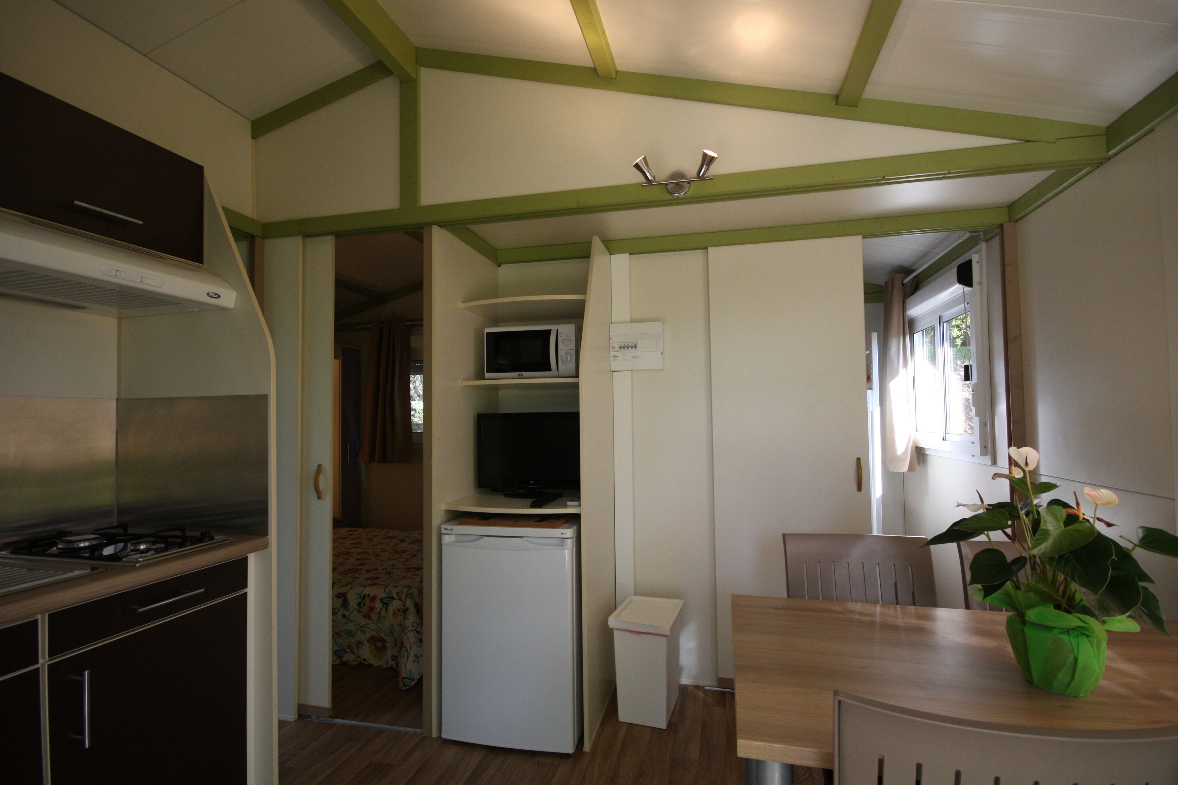 A compact kitchen with a microwave, a small refrigerator, and a stove. There is a dining table with chairs and a potted plant.