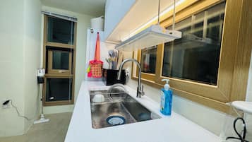 Fridge, microwave, oven, electric kettle