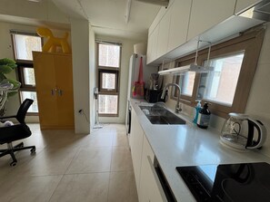 Fridge, microwave, oven, electric kettle