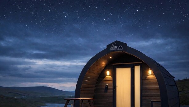A cozy, dome-shaped cabin with a wooden exterior and a picnic table outside. - Starview by Mirriemora l Shetland l St Ninians Isle l Cosy Pod (Bigton)