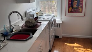 Una cocina con armarios blancos, un lavamanos de acero inoxidable, un microondas y una estufa. Hay una ventana con vistas a árboles y una obra de arte enmarcada en la pared.