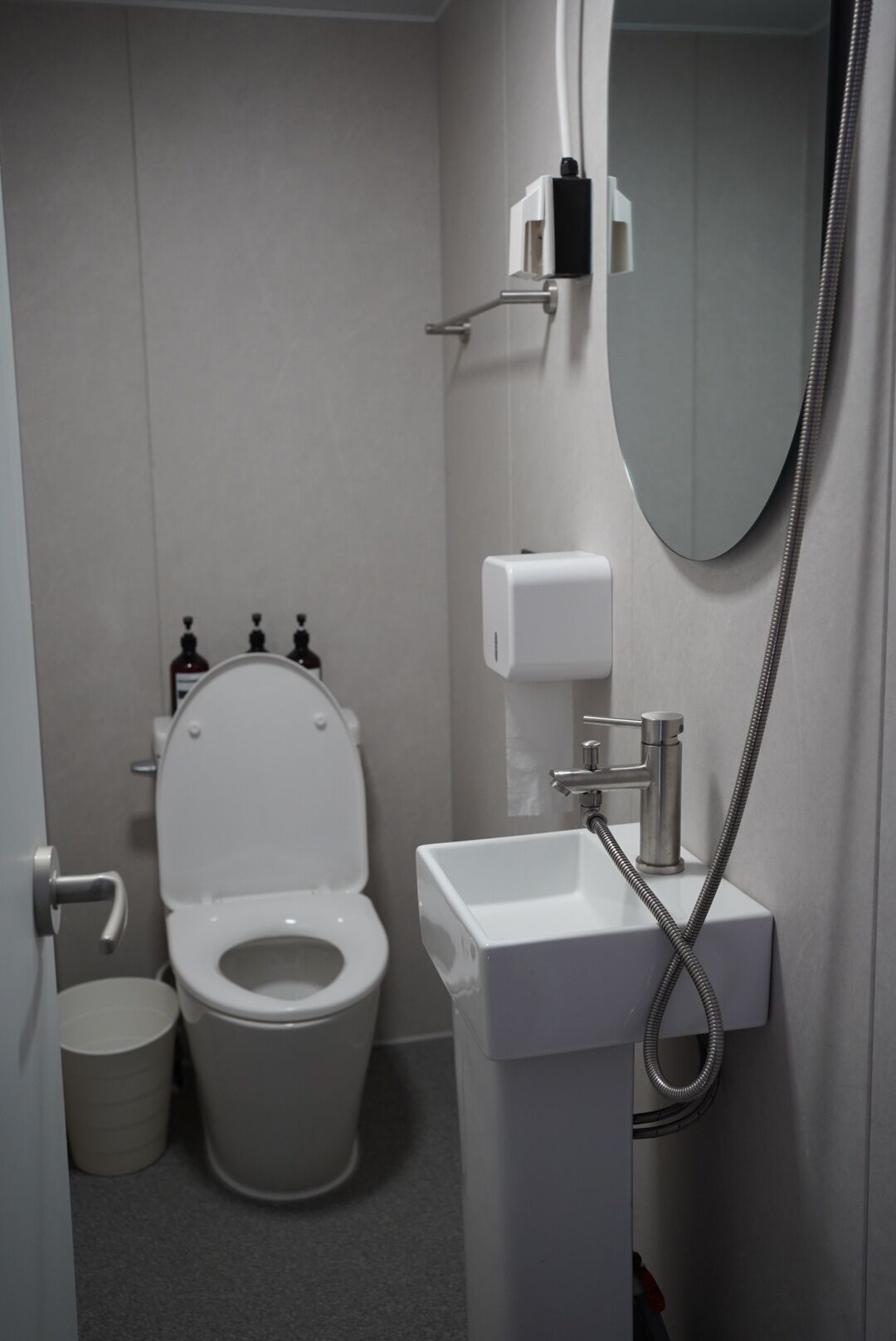 A bathroom with a toilet, a sink, and a mirror.