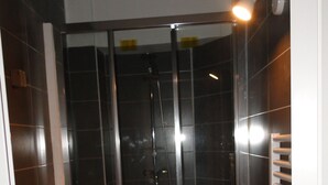 A bathroom with a glass-enclosed shower, a toilet, and a towel rack. - Apartment Trocadero (Paris)