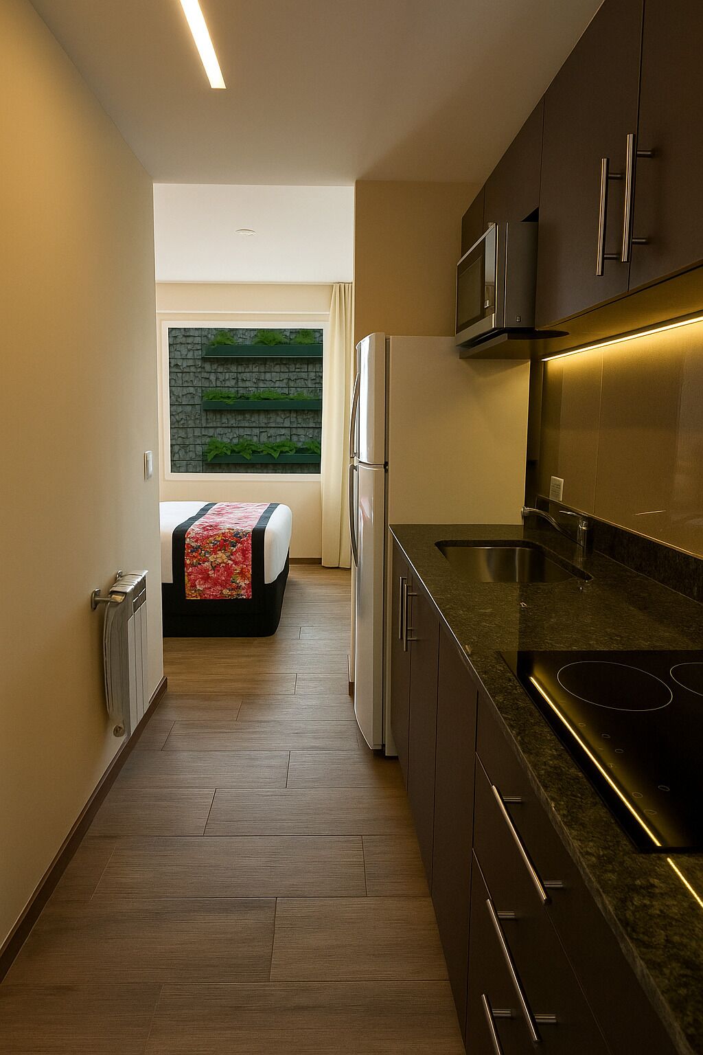 Une cuisine compacte équipée d’un four à micro-ondes encastré, d’une cuisinière et d’un réfrigérateur. La cuisine est dotée de meubles de couleur sombre et d’un plancher en bois. Une fenêtre offre une vue sur la verdure environnante.