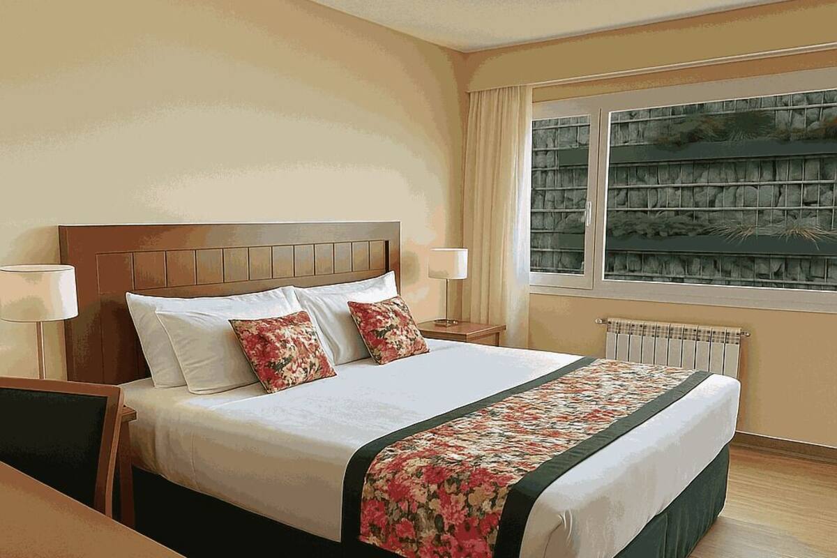 Une chambre d’hôtel avec un grand lit, deux tables de chevet, une fenêtre donnant sur un mur en pierre et un radiateur.