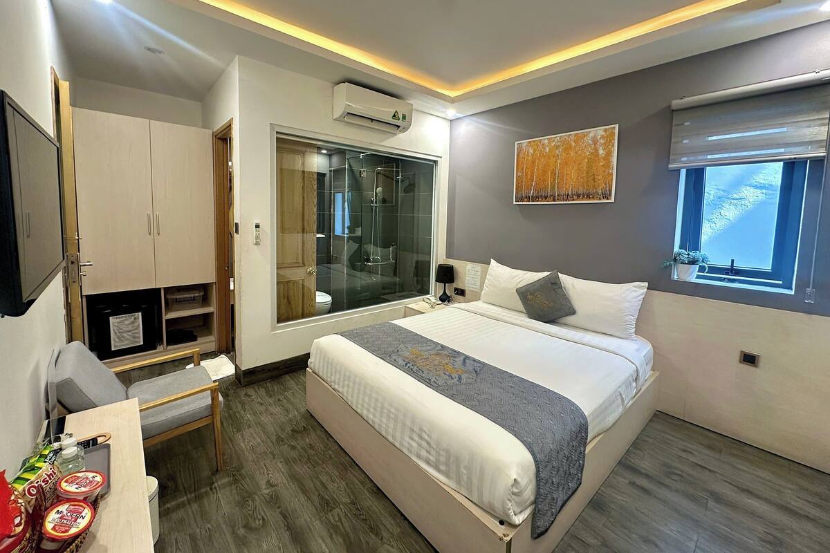 Habitación de hotel moderna con una cama grande, televisión, cabina de ducha de vidrio y ventana con vistas.