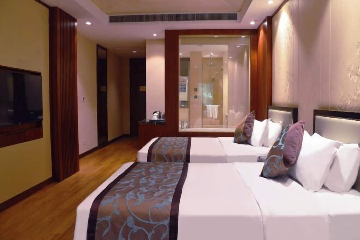 Camera d'albergo con due letti, televisione, bagno con doccia in vetro e pavimento in legno.