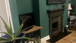 Una sala de estar con televisión, chimenea y una planta en maceta.