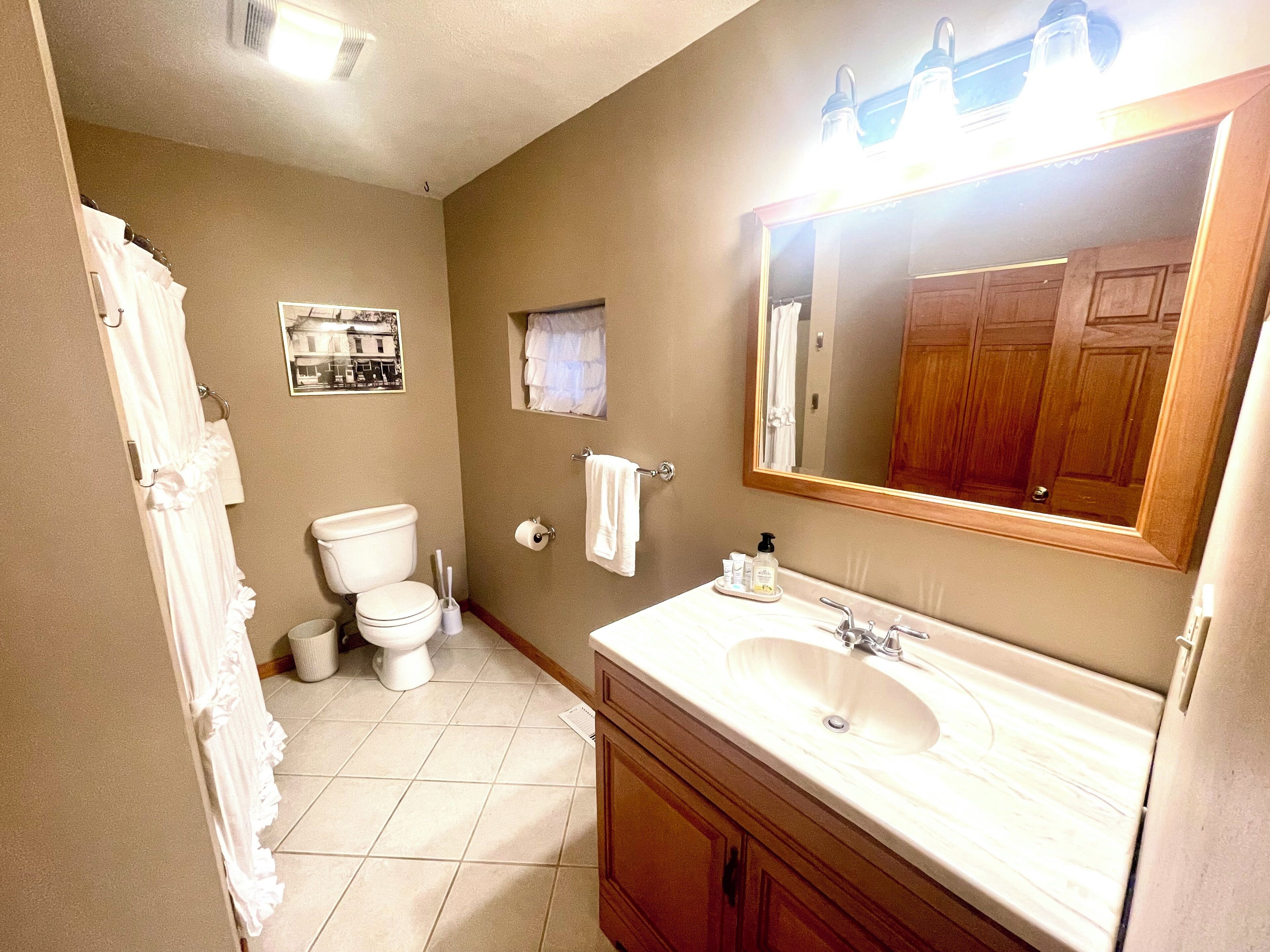 Een haardroger, handdoeken, zeep, toiletpapier