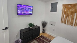 A modern bedroom with a flat-screen TV mounted on the wall, a black dresser, a small potted plant, a decorative wall hanging, and a striped area rug.