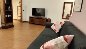 A living room with a dark sofa, a television on a wooden stand, a bookshelf, and a mirror on the wall.