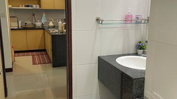 Hair dryer, towels, soap, toilet paper