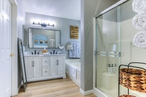 Hair dryer, towels, soap, shampoo