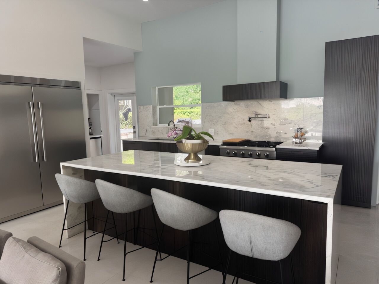 A modern kitchen with a marble island, bar stools, stainless steel appliances, and a view of greenery outside.