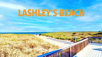 Enjoy a serene beachfront setting with a boardwalk leading to the sandy shore.