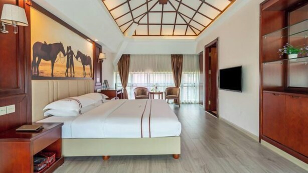 Une chambre d’hôtel avec un grand lit, un bureau, une chaise, une télévision et un plafond orné de motifs géométriques.