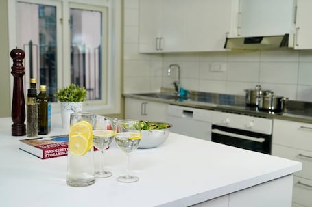 Full-size fridge, microwave, oven, dishwasher