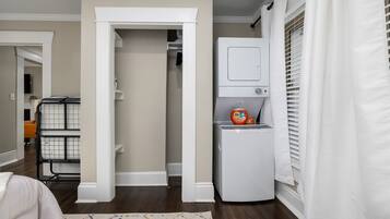 A washer and dryer are conveniently located in the queen suite, we also provide washer pods and dryer sheets.