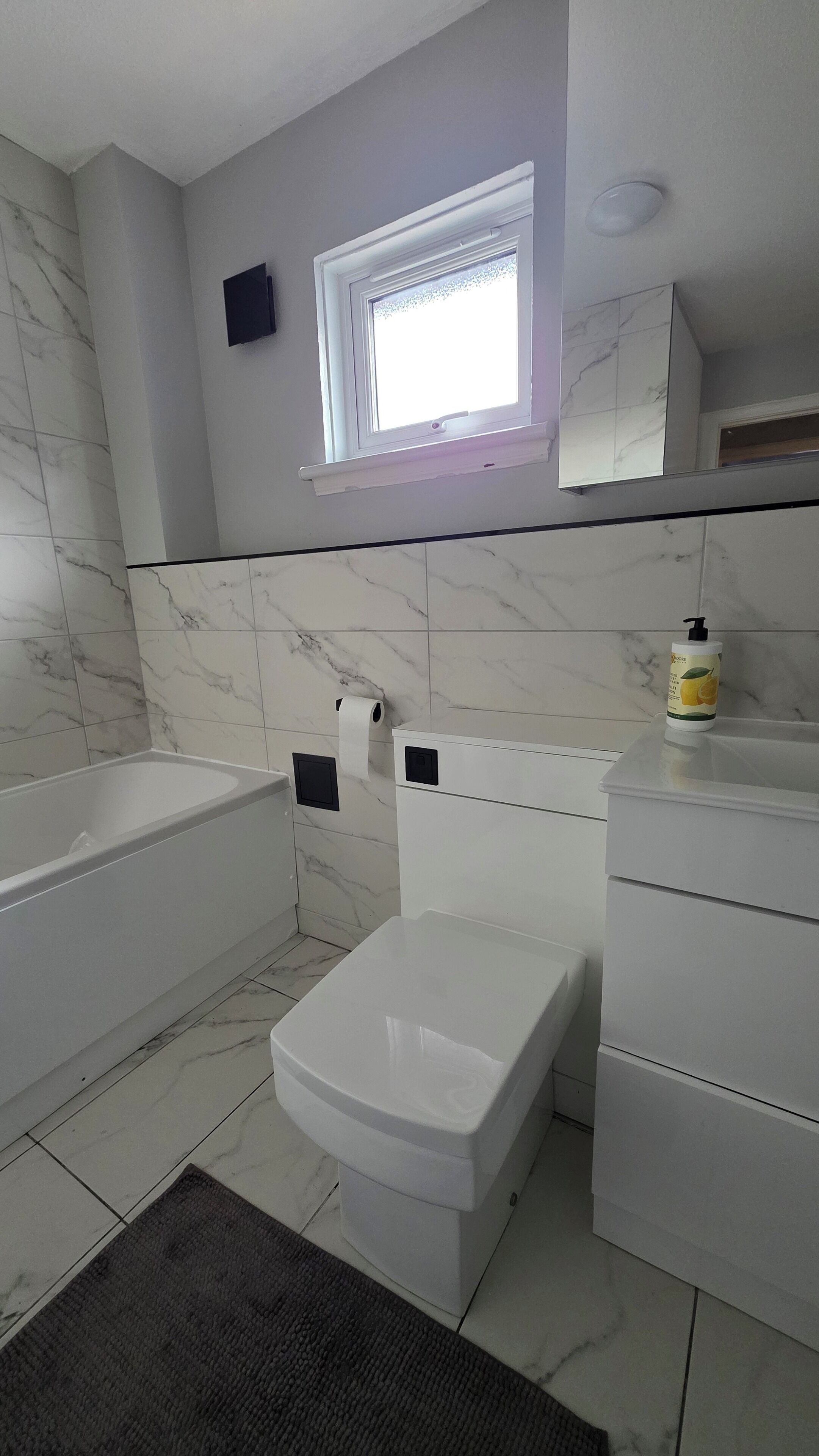 Hair dryer, towels, soap, toilet paper