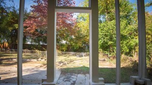 A covered outdoor area with a stone pathway leading to a fenced yard. - Urban Haven -Glen Iris/2 BR/Pets/WiFi/Full Kitchen (Birmingham)