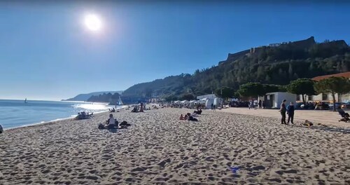 180Âș view in SetĂșbal marina over the River Sado, Troia, the mountains and the sea.