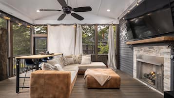 Smart TV, fireplace, books, stereo