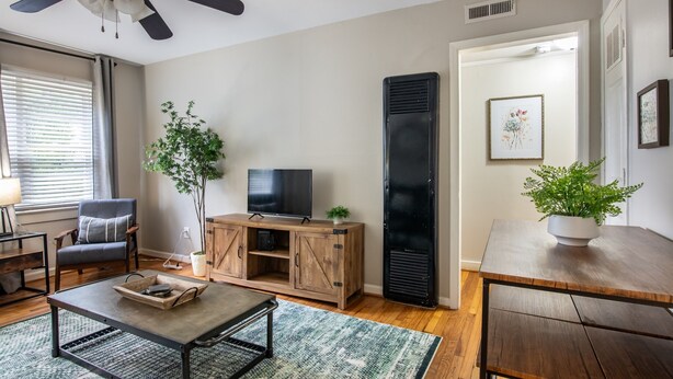 Un salon avec un ventilateur de plafond, un téléviseur posé sur un meuble en bois, un fauteuil, une table basse et une plante en pot.