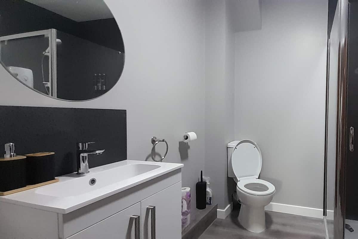 Une salle de bain moderne avec un lavabo blanc, un miroir, des toilettes et une douche.