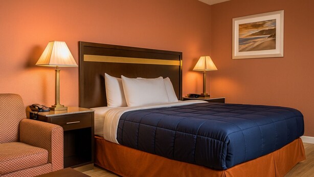 A hotel room with a large bed, two bedside lamps, a nightstand, a chair, and a wooden table. - Elkton Lodge - Newark - Elkton - University Gateway (Elkton)