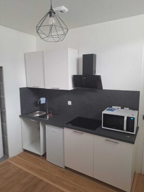 Fridge, microwave, stovetop, coffee/tea maker