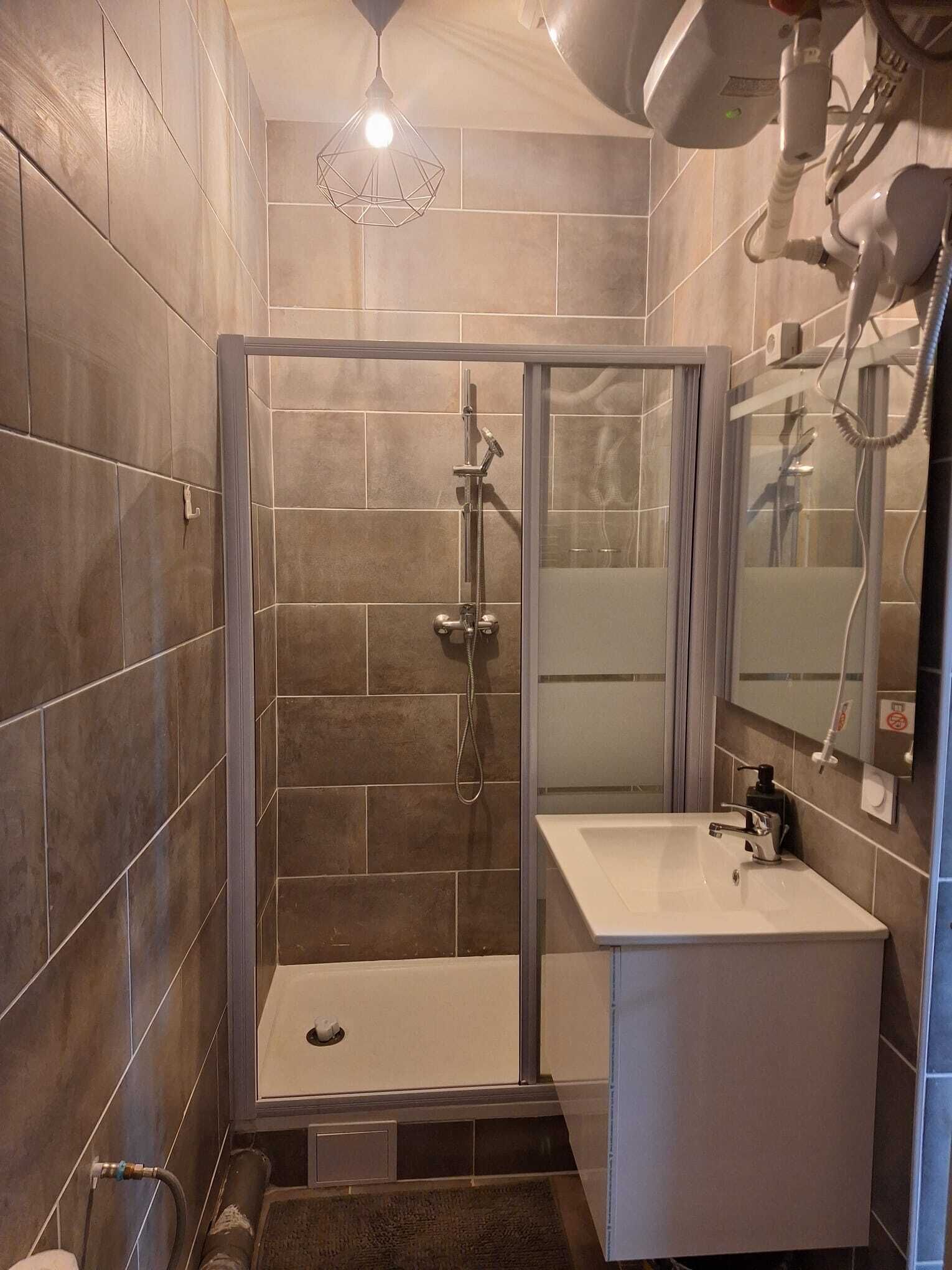 Hair dryer, towels, soap, toilet paper