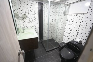 Shower, towels, soap, toilet paper