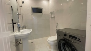 Shower, hair dryer, bidet, towels